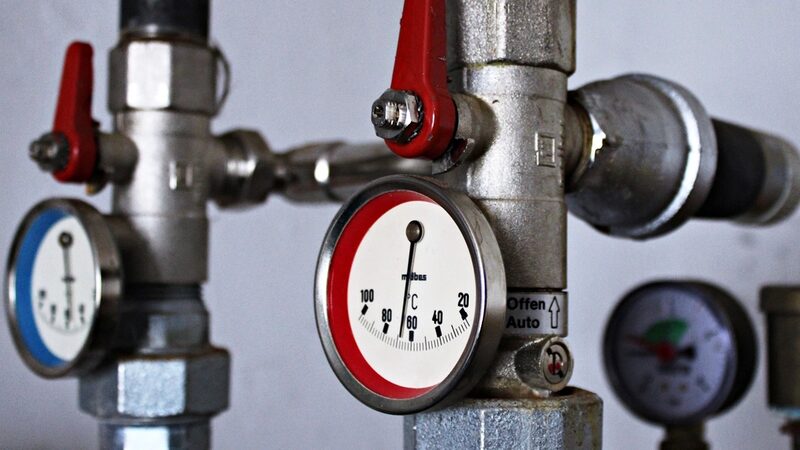 Pressure and temperature gauges on galvanised pipework
